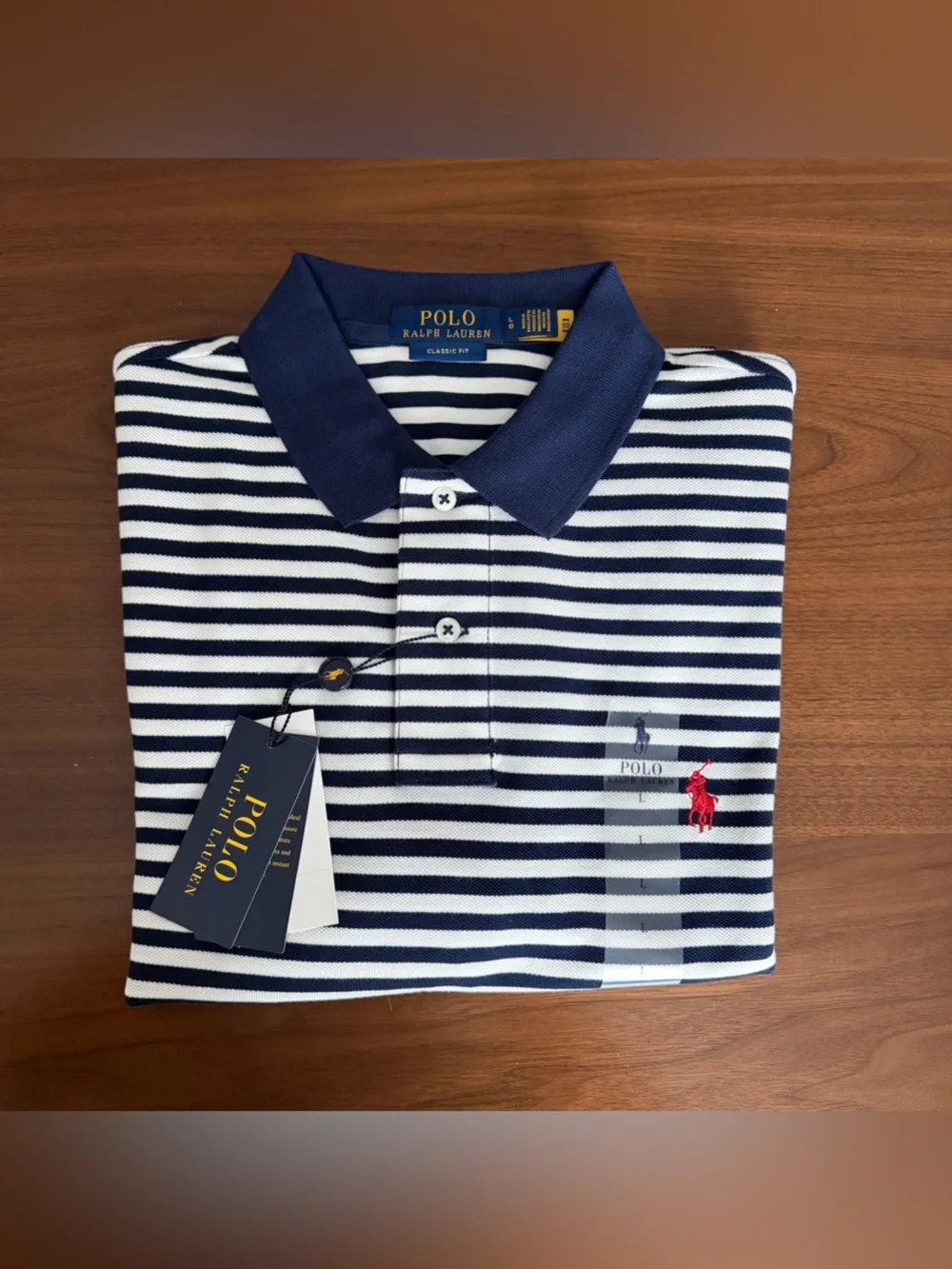 Polo by Ralph Lauren Navy & White Striped Polo with Red Logo